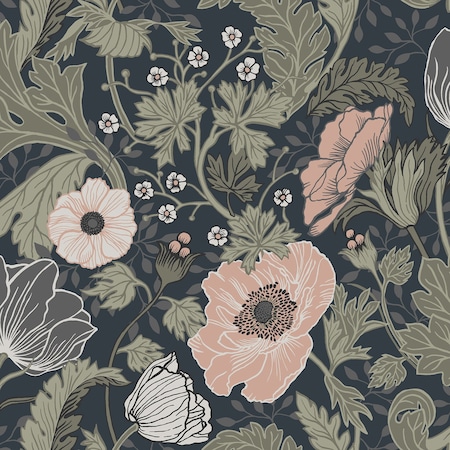 Manhattan Comfort Limoges Anemone Navy Floral 33 ft L X 209 in W Wallpaper BR4080-44103